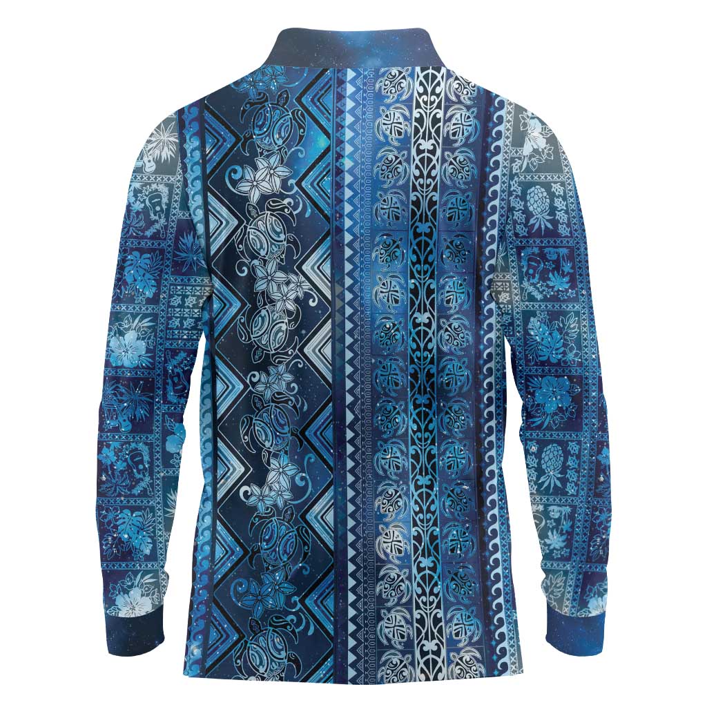 Hawaii Makahiki Turtle Long Sleeve Polo Shirt Galaxy Tapa Pattern - Polynesian Pride