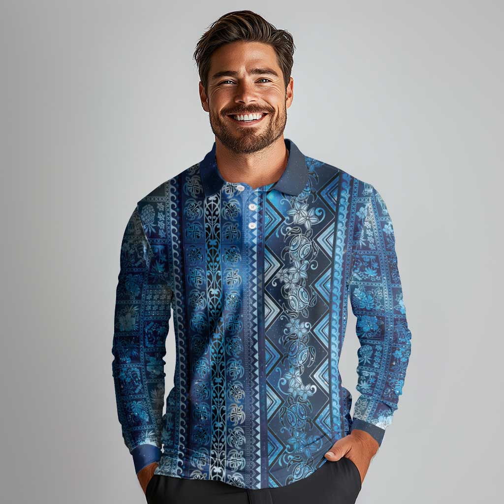 Hawaii Makahiki Turtle Long Sleeve Polo Shirt Galaxy Tapa Pattern - Polynesian Pride