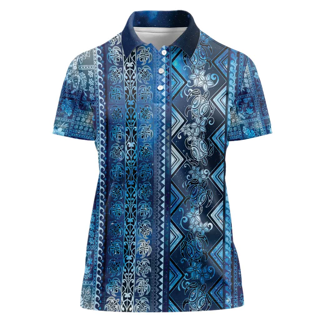 Hawaii Makahiki Turtle Women Polo Shirt Galaxy Tapa Pattern - Polynesian Pride