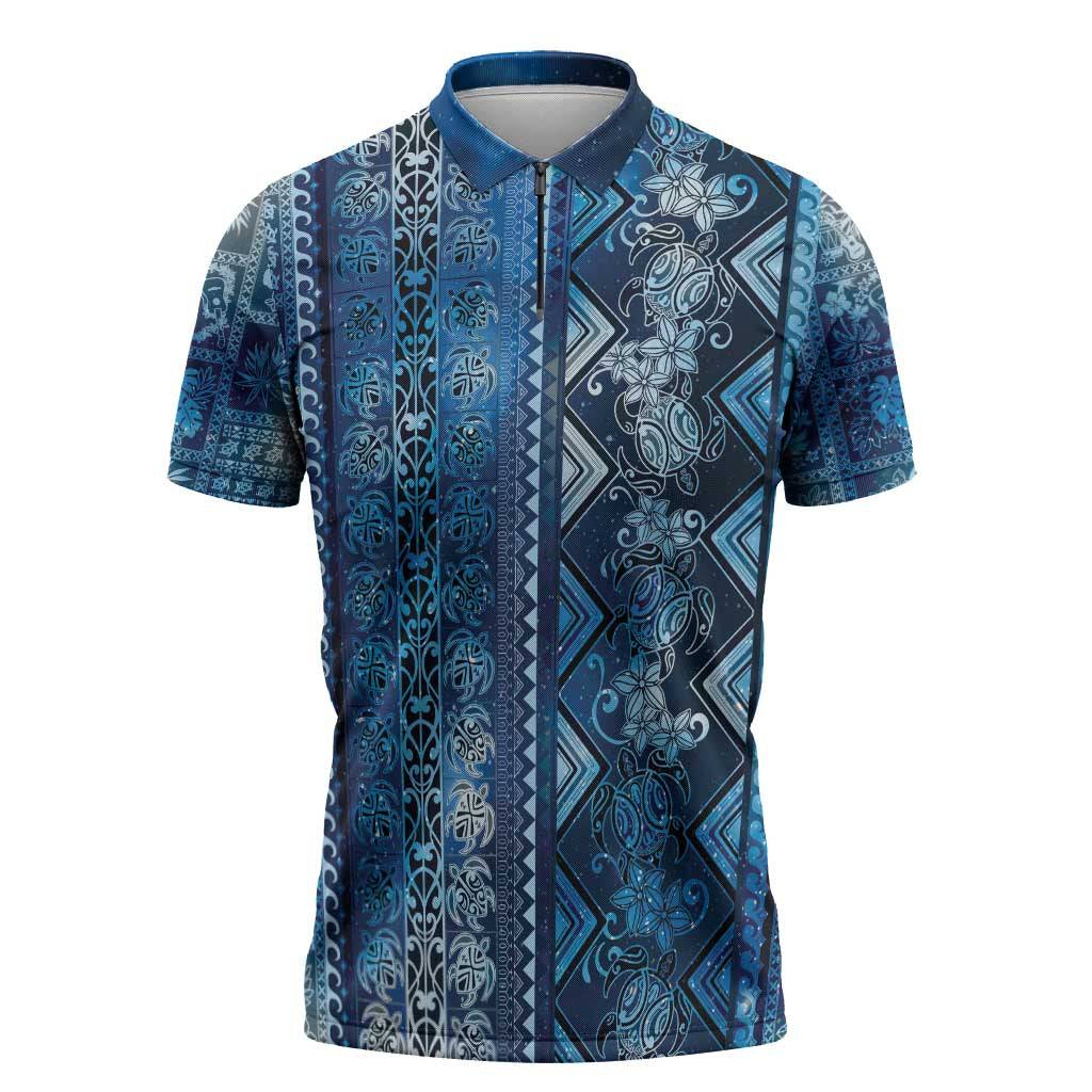 Hawaii Makahiki Turtle Zipper Polo Shirt Galaxy Tapa Pattern - Polynesian Pride