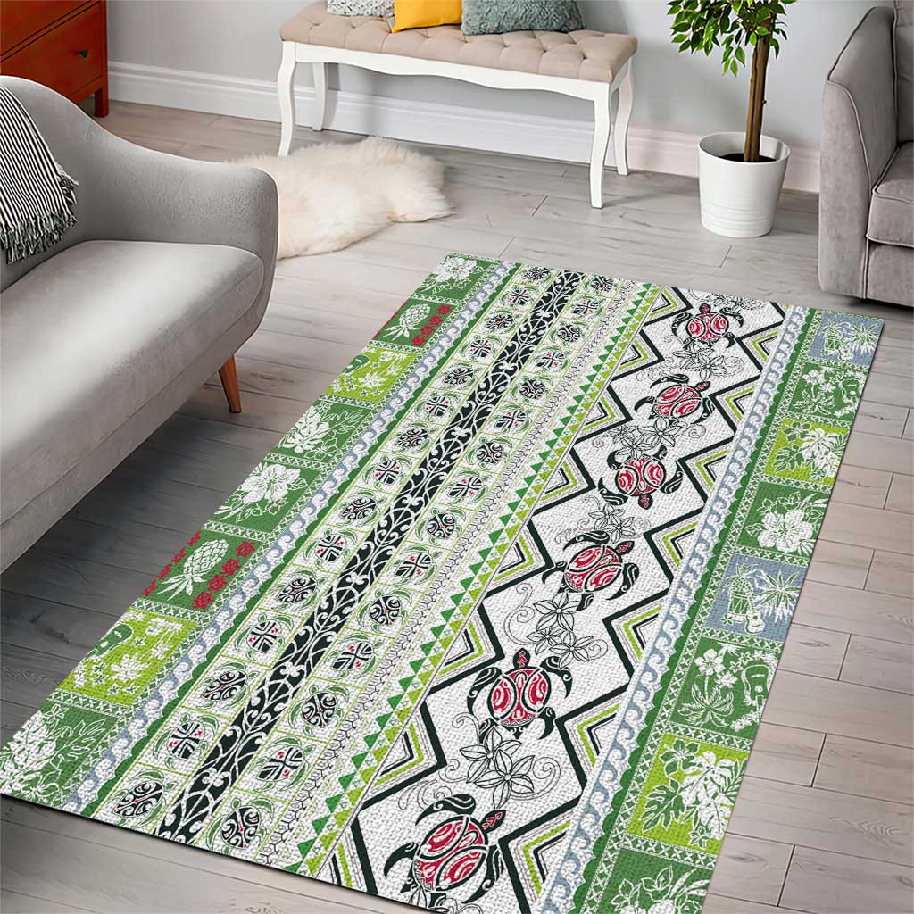 Hawaii Makahiki Turtle Area Rug Green Tapa Pattern - Polynesian Pride