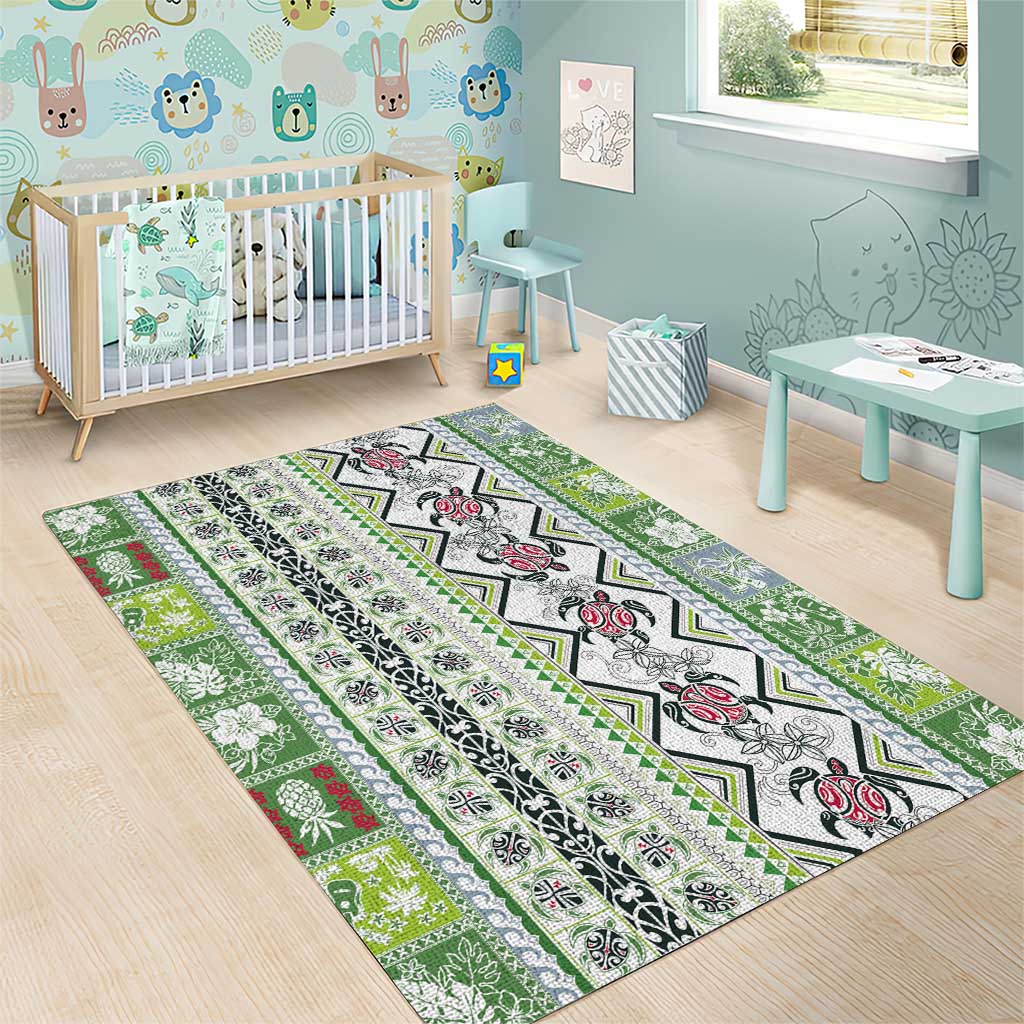 Hawaii Makahiki Turtle Area Rug Green Tapa Pattern - Polynesian Pride