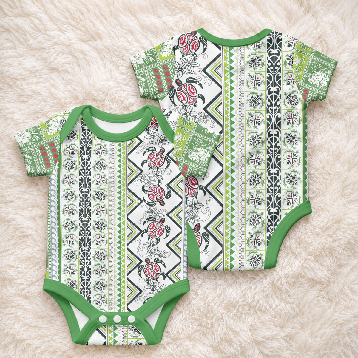 Hawaii Makahiki Turtle Baby Onesie Green Tapa Pattern LT05 - Polynesian Pride