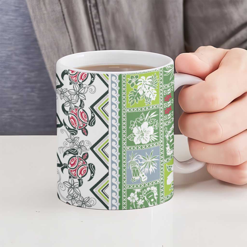 Hawaii Makahiki Turtle Ceramic Mug Green Tapa Pattern - Polynesian Pride