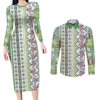Hawaii Makahiki Turtle Couples Matching Long Sleeve Bodycon Dress and Long Sleeve Button Shirt Green Tapa Pattern - Polynesian Pride