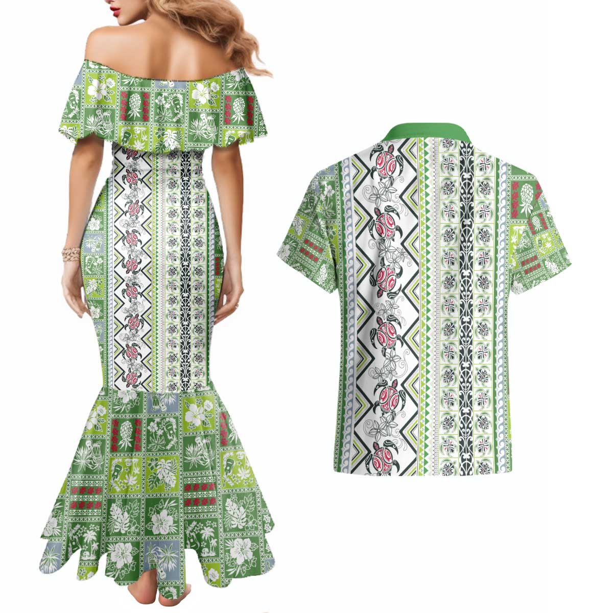 Hawaii Makahiki Turtle Couples Matching Mermaid Dress and Hawaiian Shirt Green Tapa Pattern - Polynesian Pride