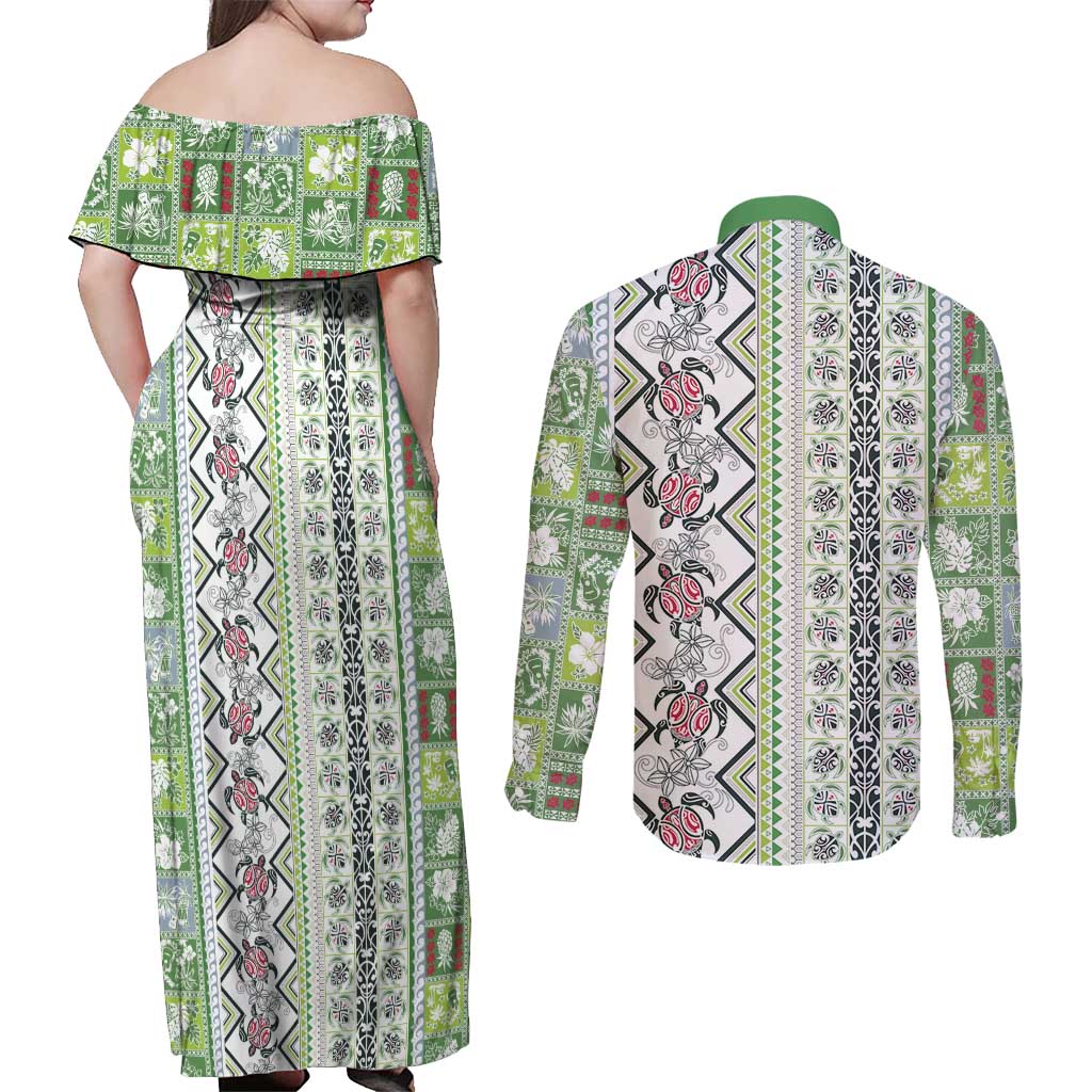 Hawaii Makahiki Turtle Couples Matching Off Shoulder Maxi Dress and Long Sleeve Button Shirt Green Tapa Pattern - Polynesian Pride