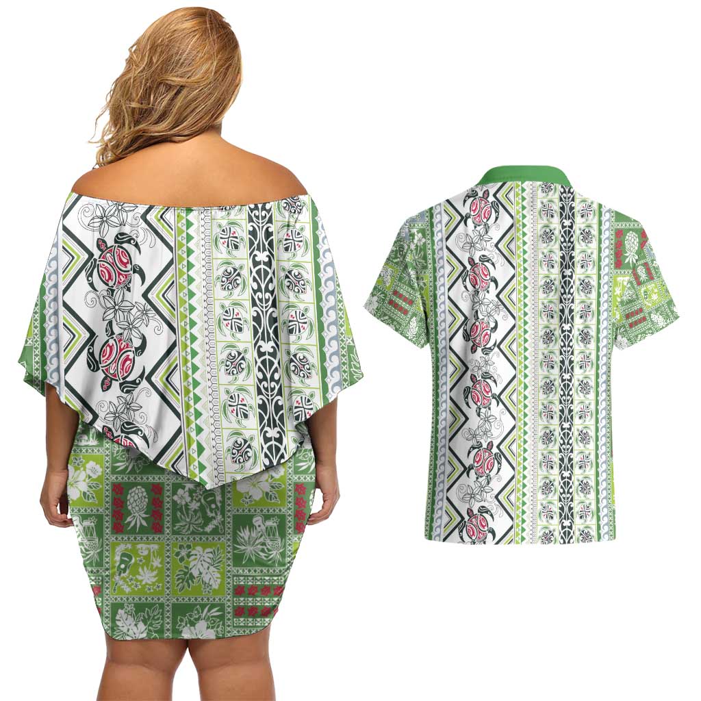 Hawaii Makahiki Turtle Couples Matching Off Shoulder Short Dress and Hawaiian Shirt Green Tapa Pattern - Polynesian Pride