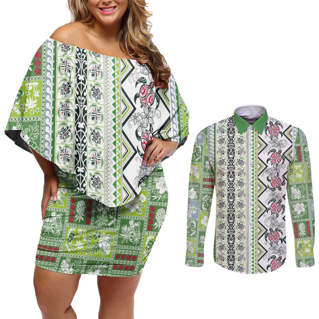 Hawaii Makahiki Turtle Couples Matching Off Shoulder Short Dress and Long Sleeve Button Shirt Green Tapa Pattern - Polynesian Pride