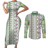 Hawaii Makahiki Turtle Couples Matching Short Sleeve Bodycon Dress and Long Sleeve Button Shirt Green Tapa Pattern - Polynesian Pride