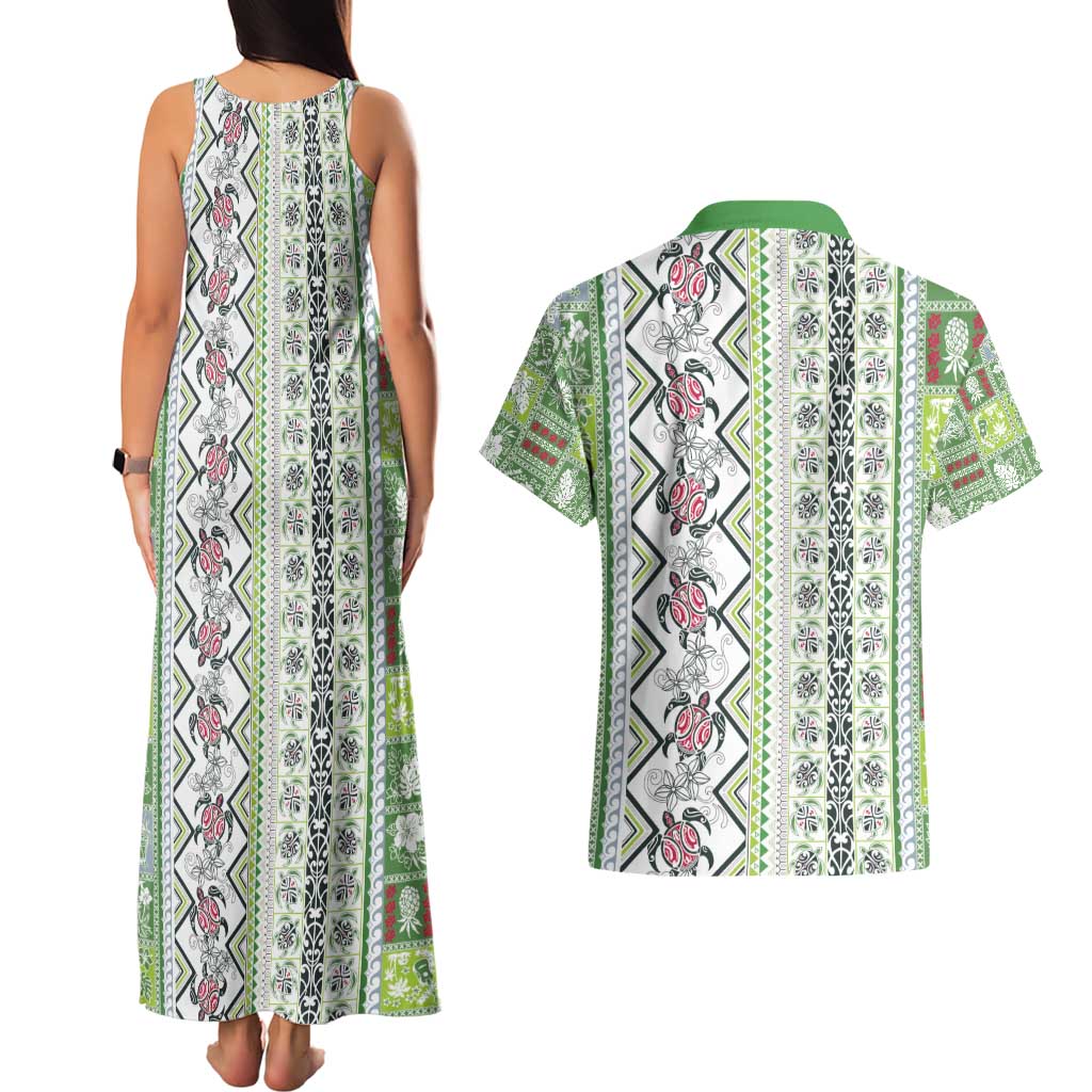 Hawaii Makahiki Turtle Couples Matching Tank Maxi Dress and Hawaiian Shirt Green Tapa Pattern - Polynesian Pride