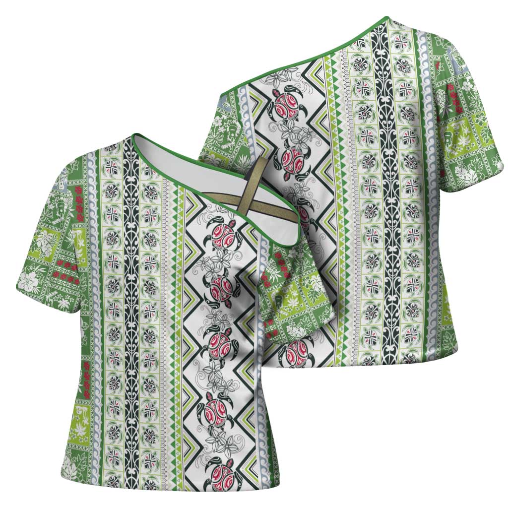 Hawaii Makahiki Turtle Cross Shoulder Shirt Green Tapa Pattern - Polynesian Pride
