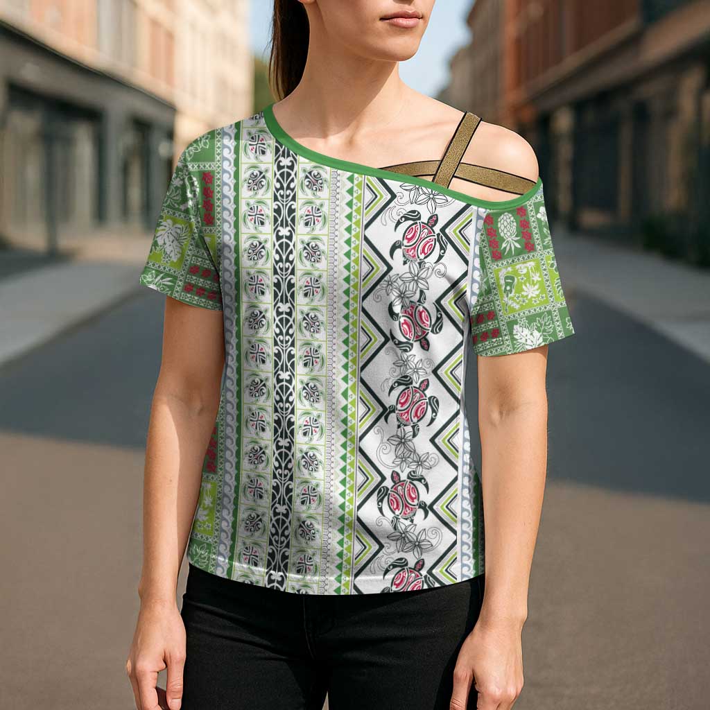 Hawaii Makahiki Turtle Cross Shoulder Shirt Green Tapa Pattern - Polynesian Pride