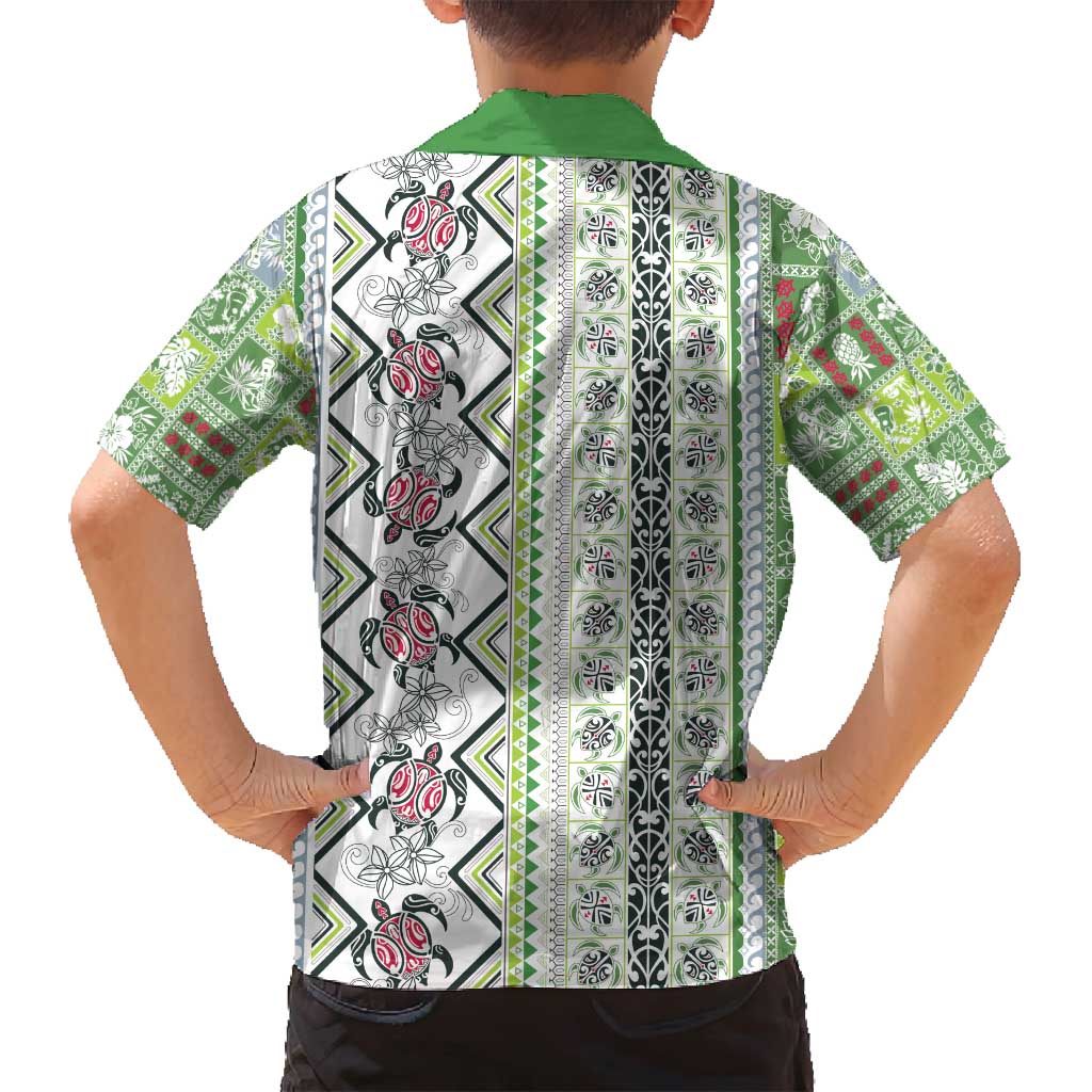 Hawaii Makahiki Turtle Family Matching Long Sleeve Bodycon Dress and Hawaiian Shirt Green Tapa Pattern - Polynesian Pride