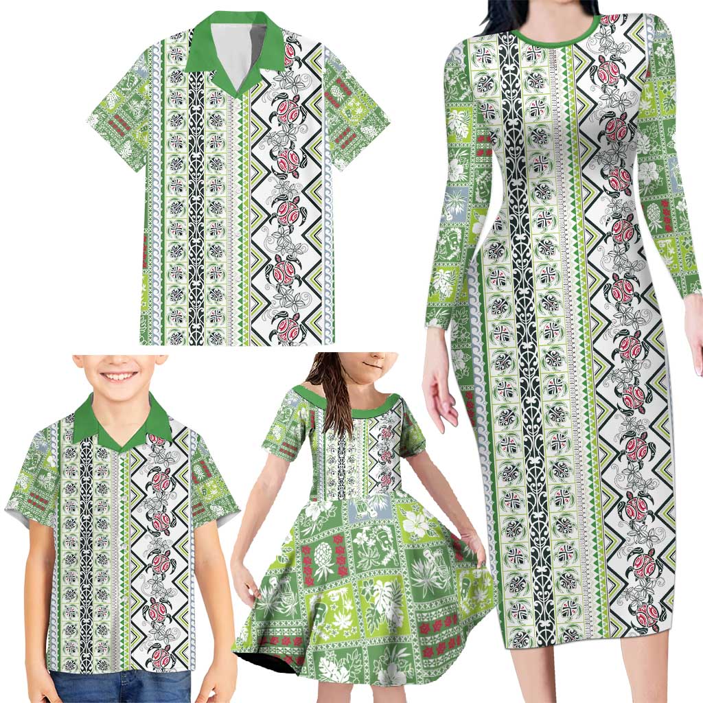 Hawaii Makahiki Turtle Family Matching Long Sleeve Bodycon Dress and Hawaiian Shirt Green Tapa Pattern - Polynesian Pride