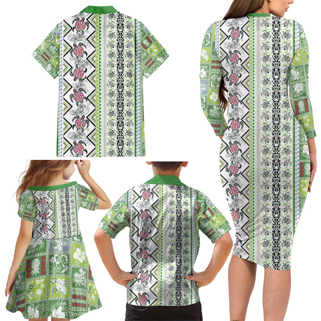 Hawaii Makahiki Turtle Family Matching Long Sleeve Bodycon Dress and Hawaiian Shirt Green Tapa Pattern - Polynesian Pride