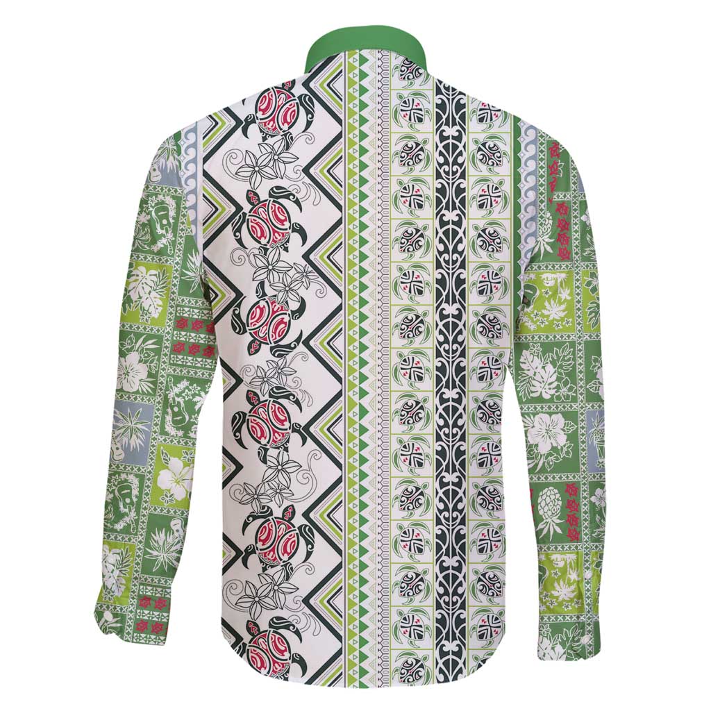 Hawaii Makahiki Turtle Family Matching Long Sleeve Bodycon Dress and Hawaiian Shirt Green Tapa Pattern - Polynesian Pride