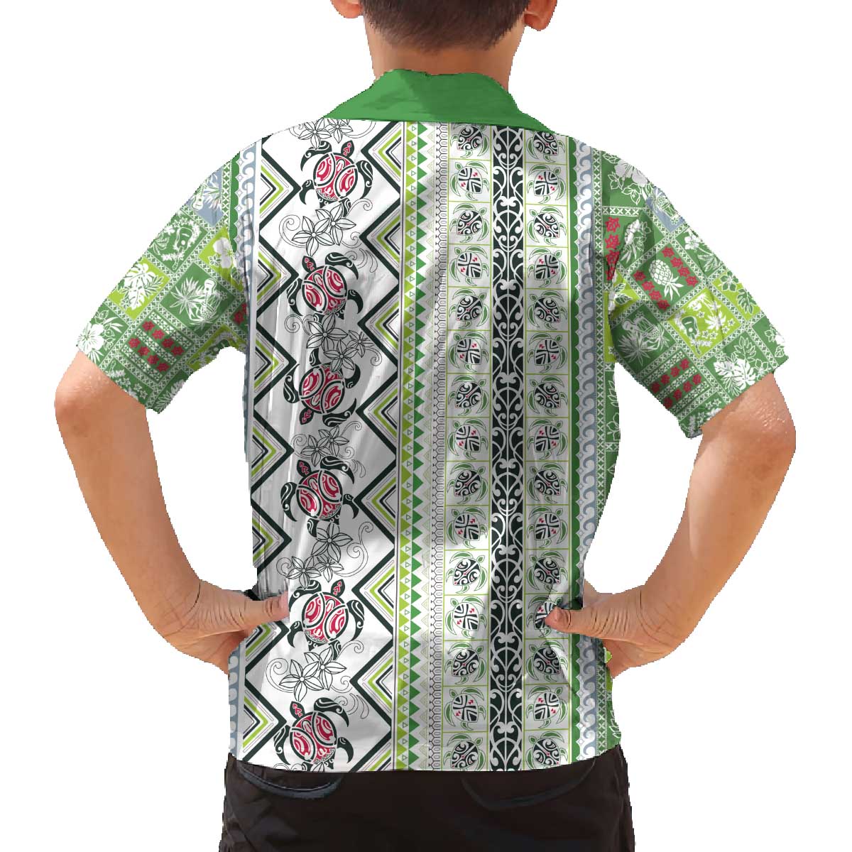 Hawaii Makahiki Turtle Family Matching Off The Shoulder Long Sleeve Dress and Hawaiian Shirt Green Tapa Pattern - Polynesian Pride