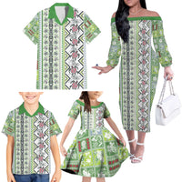 Hawaii Makahiki Turtle Family Matching Off The Shoulder Long Sleeve Dress and Hawaiian Shirt Green Tapa Pattern - Polynesian Pride