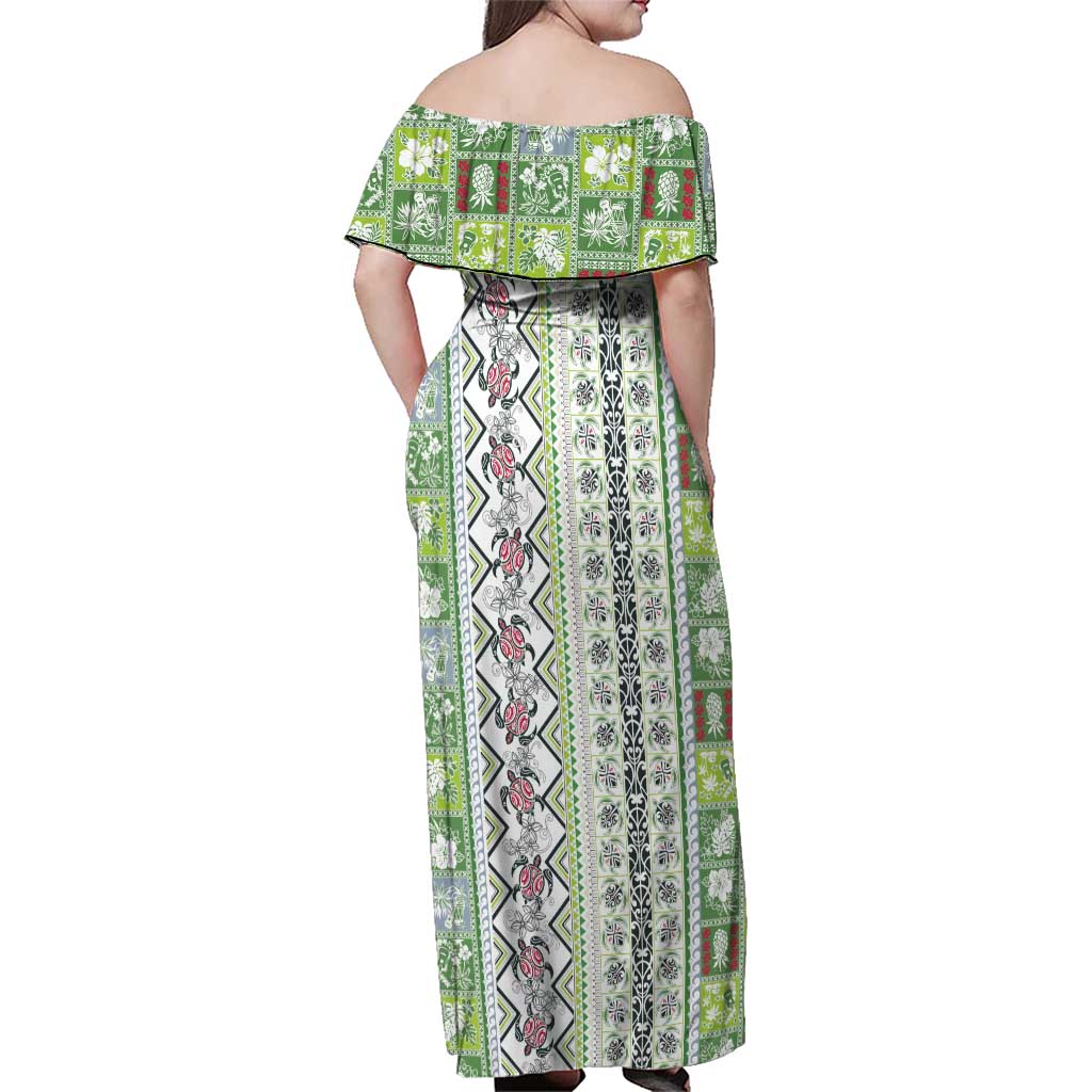 Hawaii Makahiki Turtle Family Matching Off Shoulder Maxi Dress and Hawaiian Shirt Green Tapa Pattern - Polynesian Pride