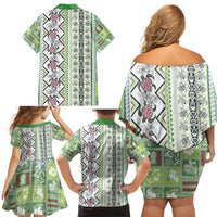 Hawaii Makahiki Turtle Family Matching Off Shoulder Short Dress and Hawaiian Shirt Green Tapa Pattern - Polynesian Pride