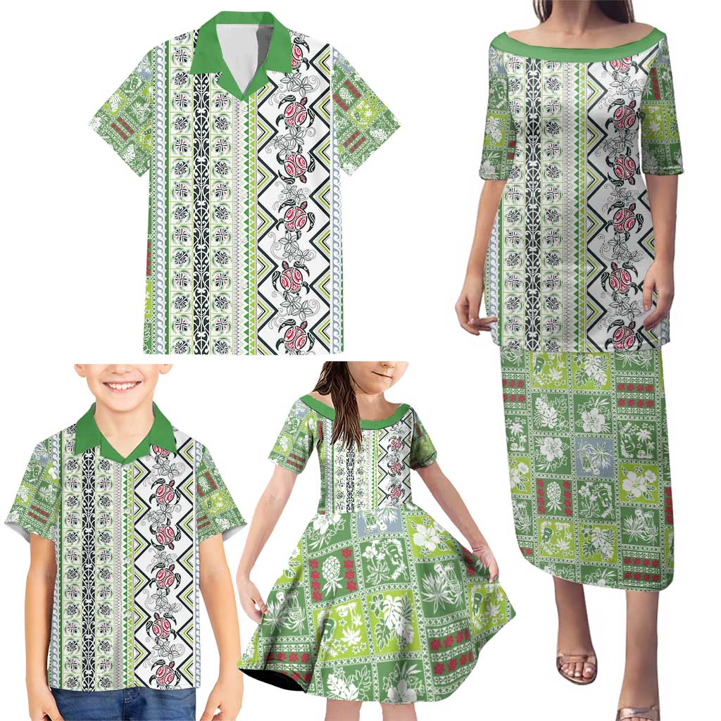 Hawaii Makahiki Turtle Family Matching Puletasi and Hawaiian Shirt Green Tapa Pattern - Polynesian Pride