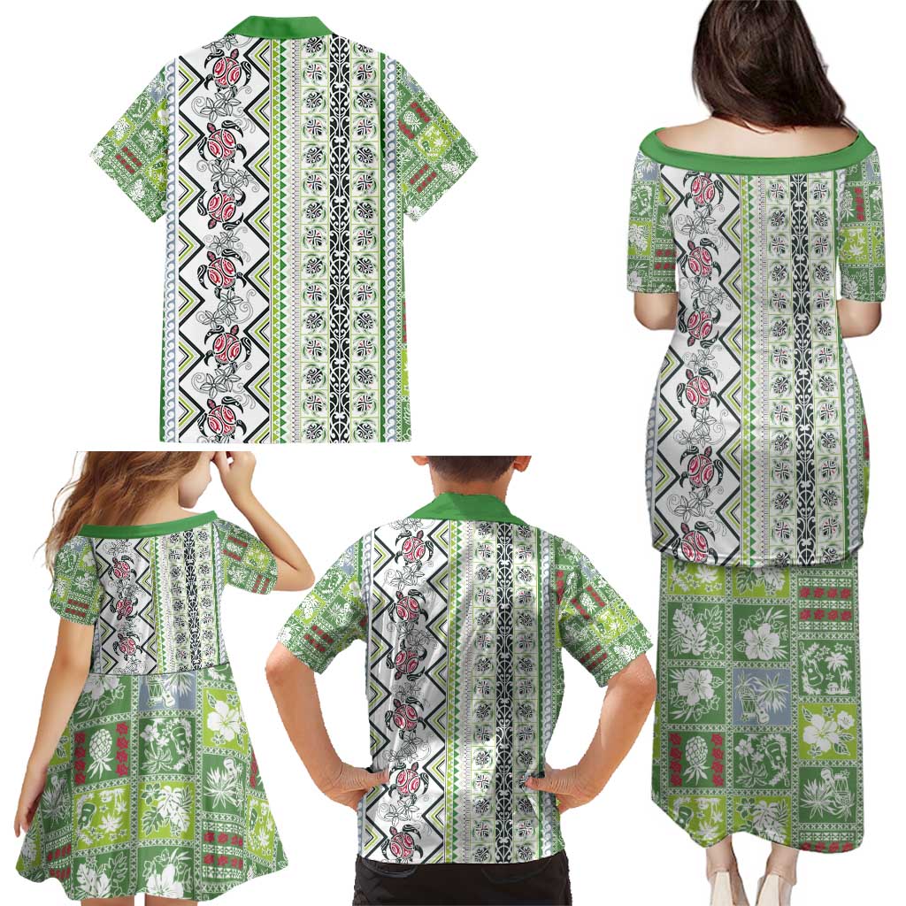 Hawaii Makahiki Turtle Family Matching Puletasi and Hawaiian Shirt Green Tapa Pattern - Polynesian Pride