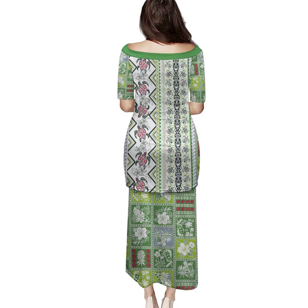 Hawaii Makahiki Turtle Family Matching Puletasi and Hawaiian Shirt Green Tapa Pattern - Polynesian Pride