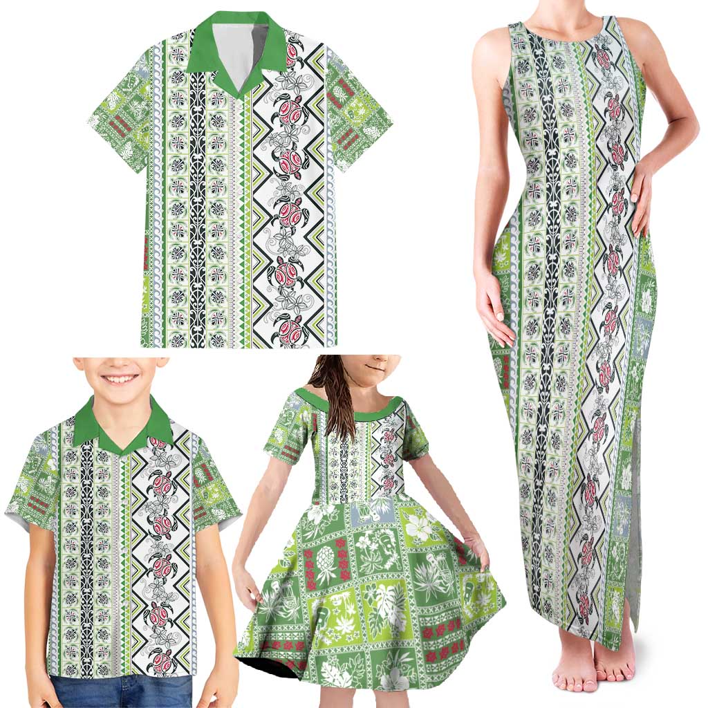 Hawaii Makahiki Turtle Family Matching Tank Maxi Dress and Hawaiian Shirt Green Tapa Pattern - Polynesian Pride