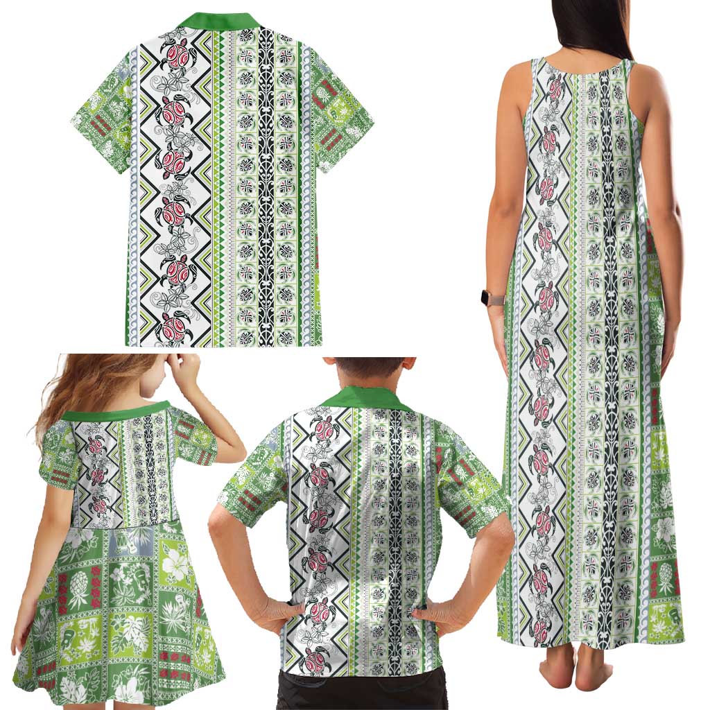 Hawaii Makahiki Turtle Family Matching Tank Maxi Dress and Hawaiian Shirt Green Tapa Pattern - Polynesian Pride