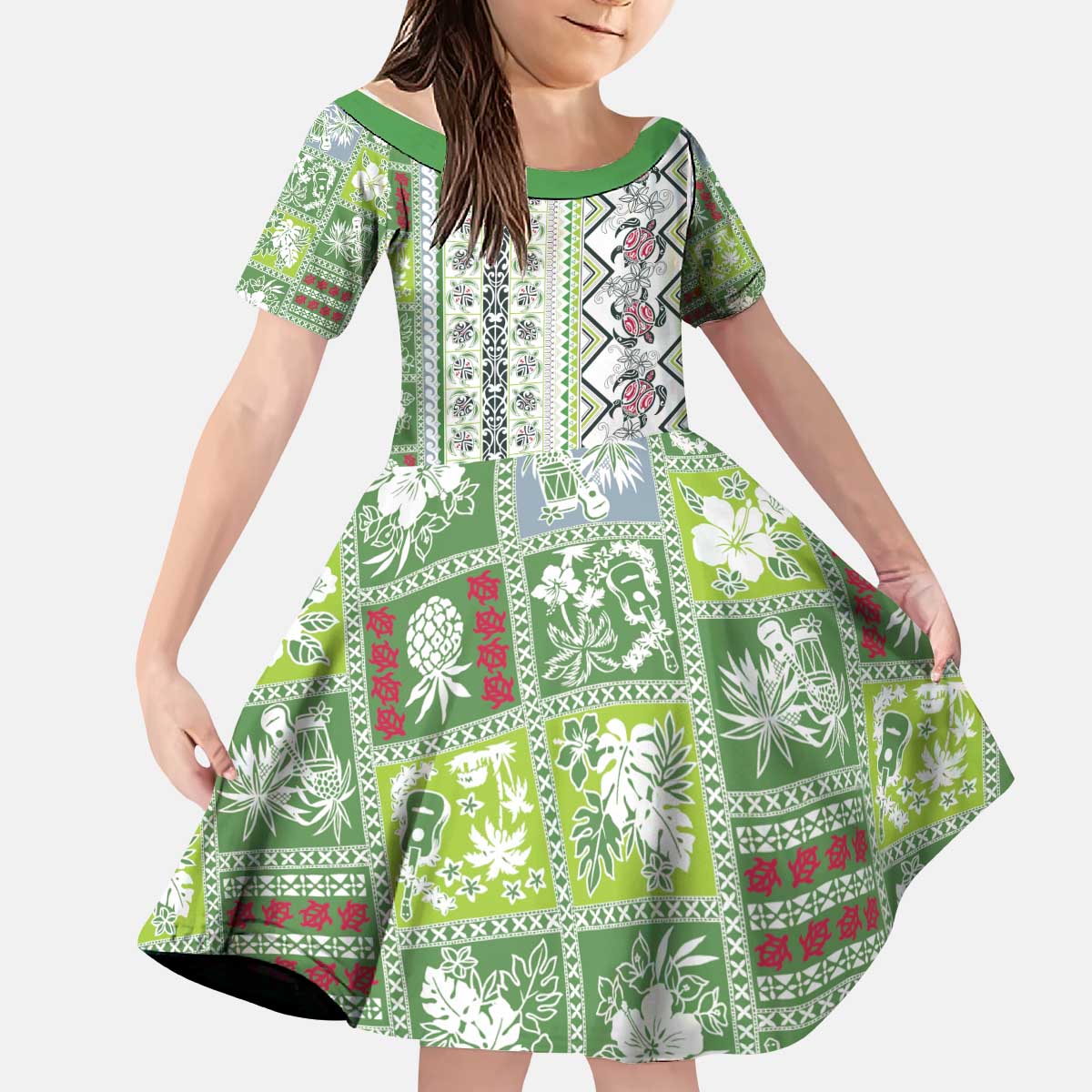 Hawaii Makahiki Turtle Kid Short Sleeve Dress Green Tapa Pattern - Polynesian Pride