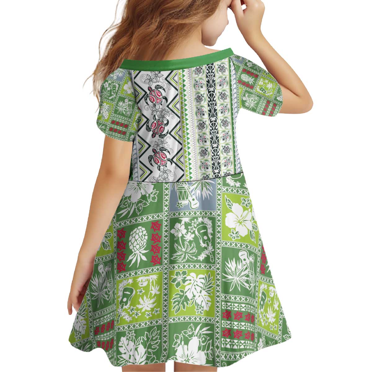 Hawaii Makahiki Turtle Kid Short Sleeve Dress Green Tapa Pattern - Polynesian Pride