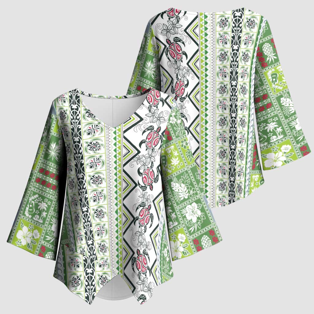 Hawaii Makahiki Turtle Kimono Sleeve Blouse Green Tapa Pattern - Polynesian Pride
