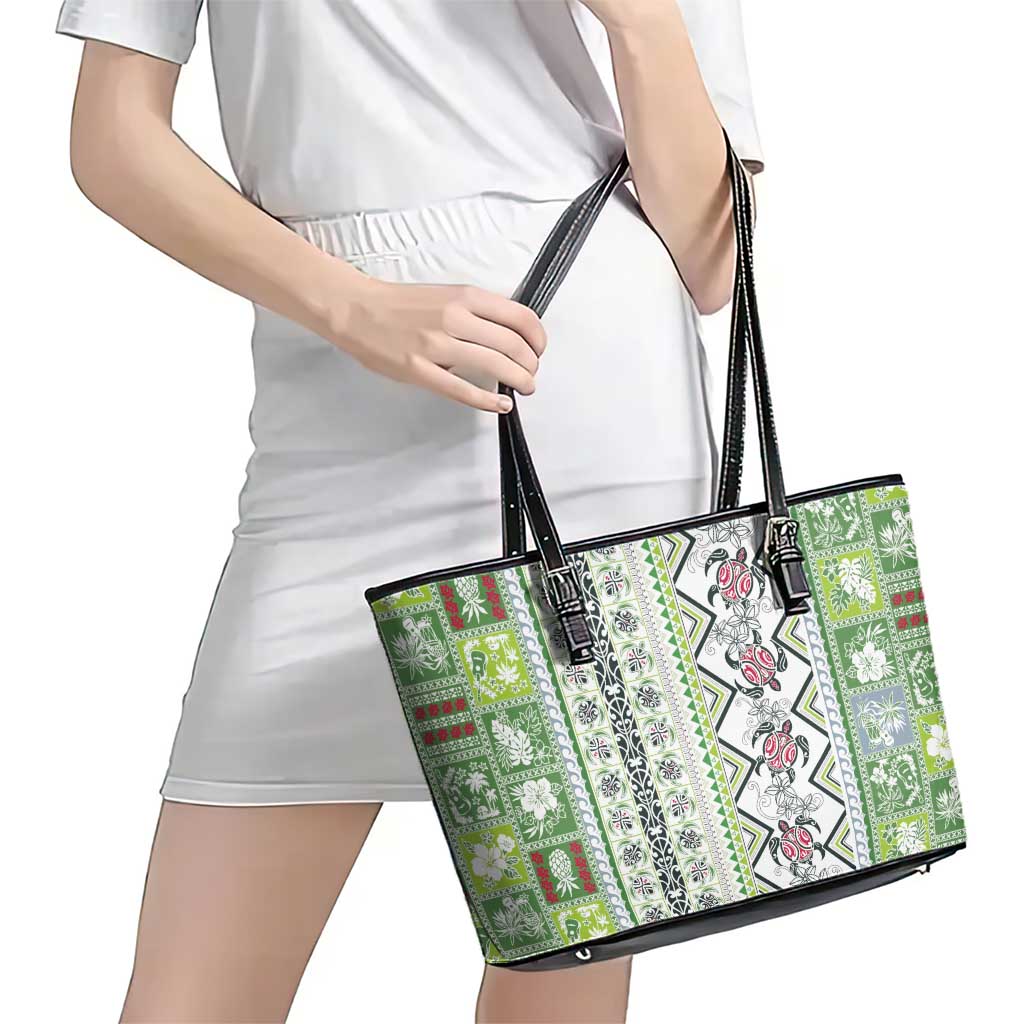 Hawaii Makahiki Turtle Leather Tote Bag Green Tapa Pattern - Polynesian Pride