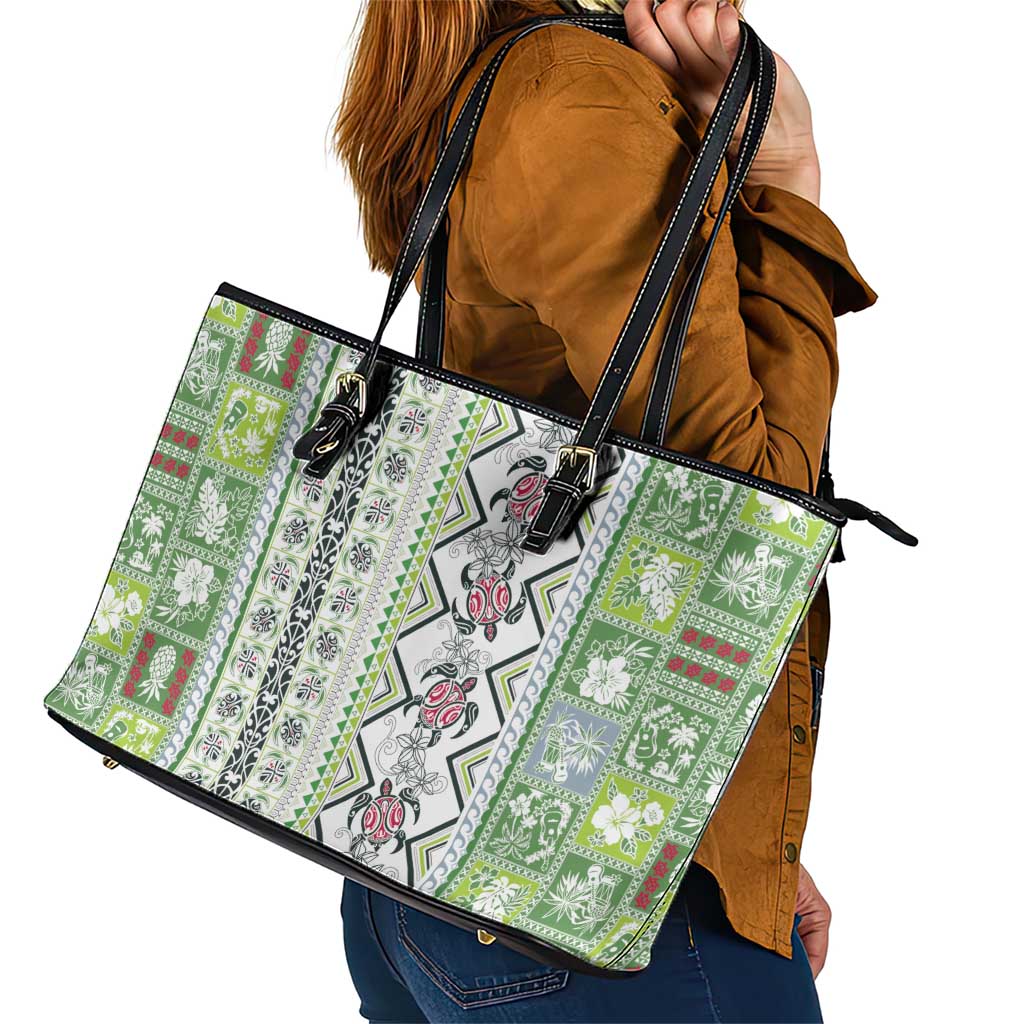 Hawaii Makahiki Turtle Leather Tote Bag Green Tapa Pattern - Polynesian Pride