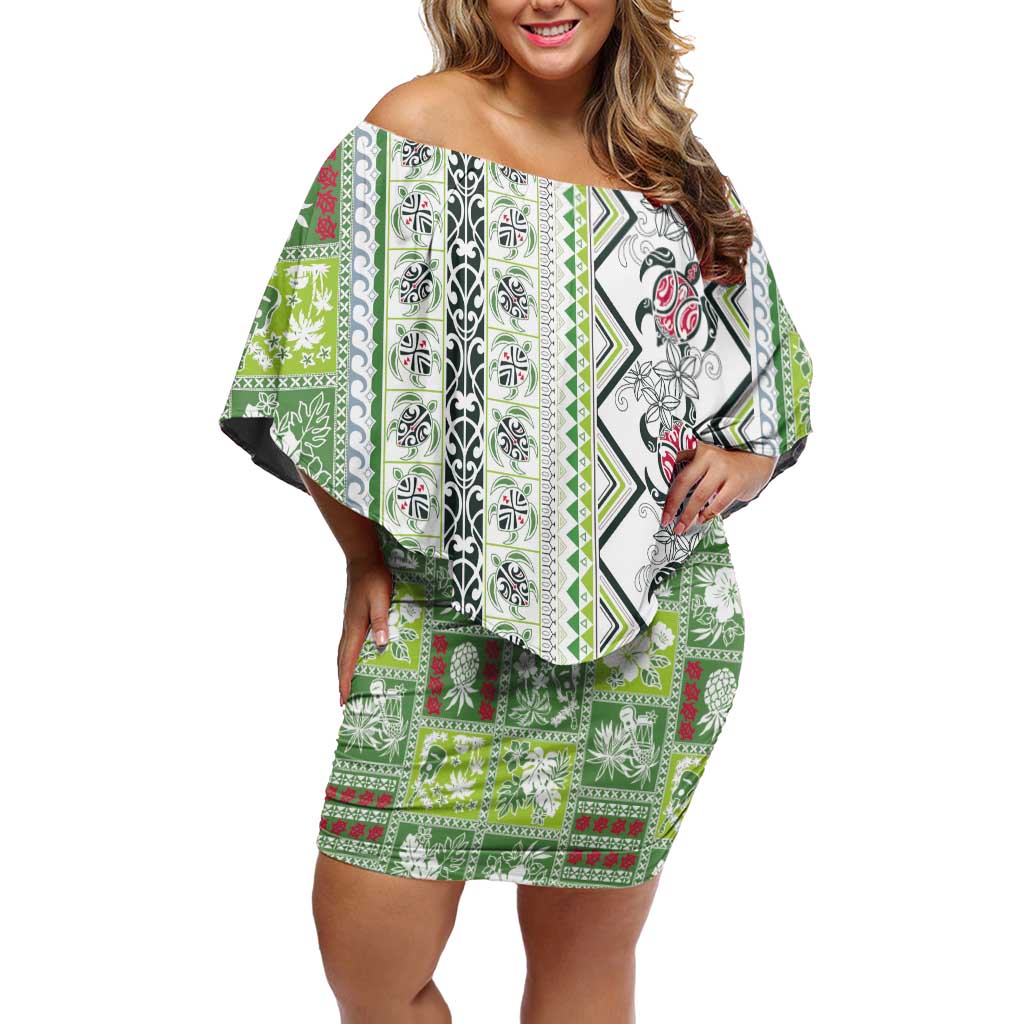 Hawaii Makahiki Turtle Off Shoulder Short Dress Green Tapa Pattern - Polynesian Pride