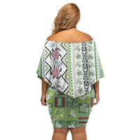 Hawaii Makahiki Turtle Off Shoulder Short Dress Green Tapa Pattern - Polynesian Pride