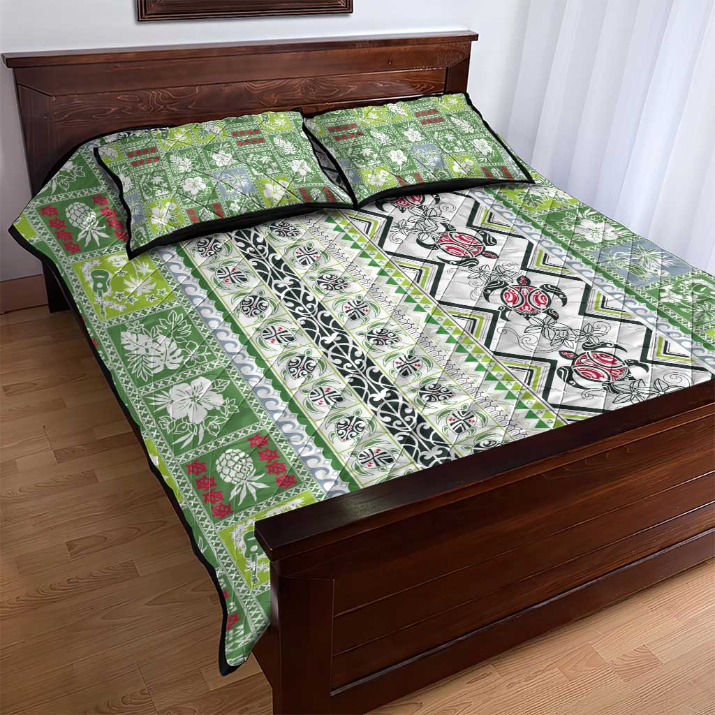 Hawaii Makahiki Turtle Quilt Bed Set Green Tapa Pattern - Polynesian Pride