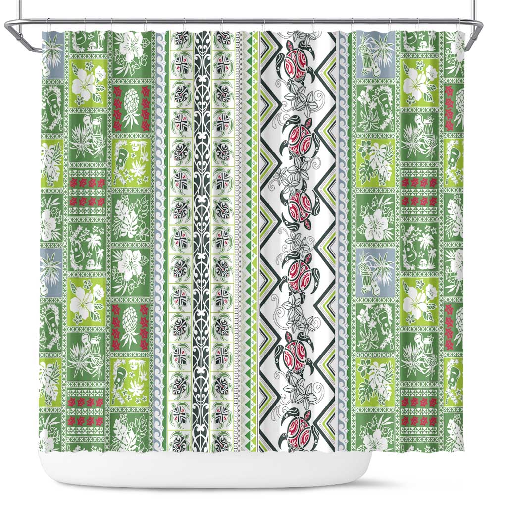 Hawaii Makahiki Turtle Shower Curtain Green Tapa Pattern - Polynesian Pride