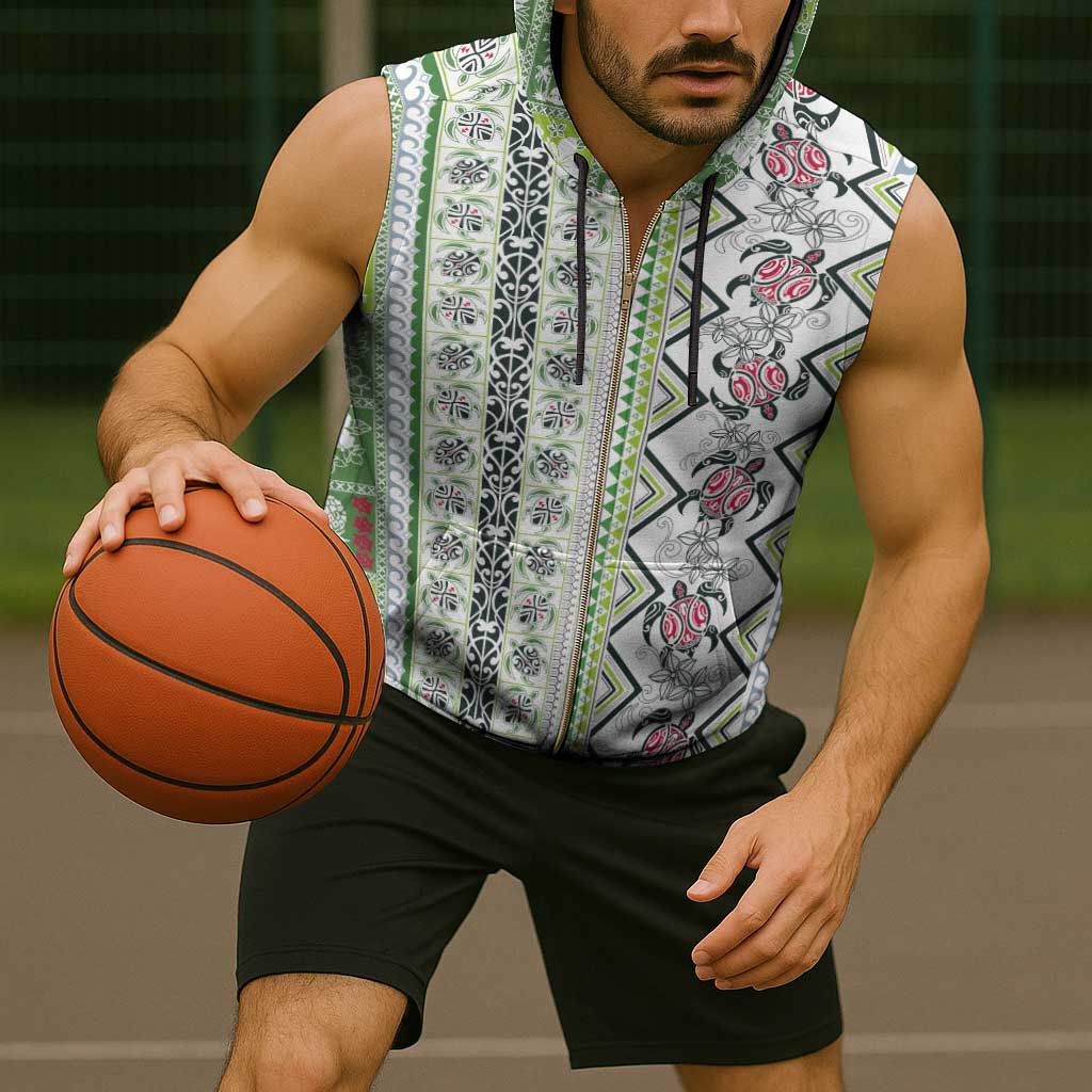 Hawaii Makahiki Turtle Sleeveless Zip Hoodie Green Tapa Pattern - Polynesian Pride