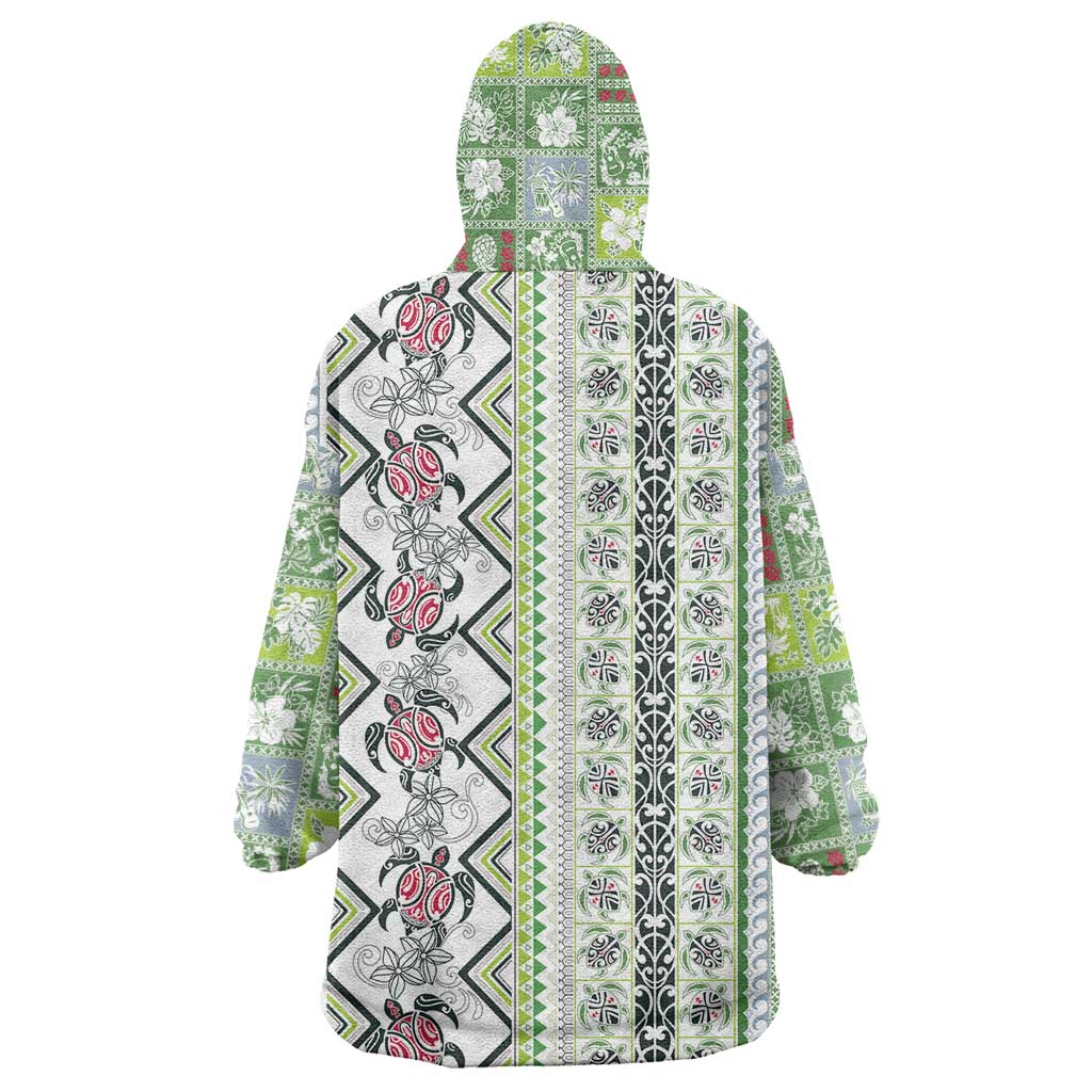 Hawaii Makahiki Turtle Wearable Blanket Hoodie Green Tapa Pattern - Polynesian Pride