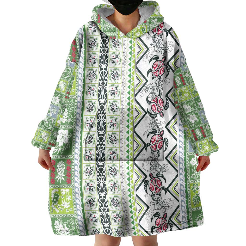 Hawaii Makahiki Turtle Wearable Blanket Hoodie Green Tapa Pattern - Polynesian Pride