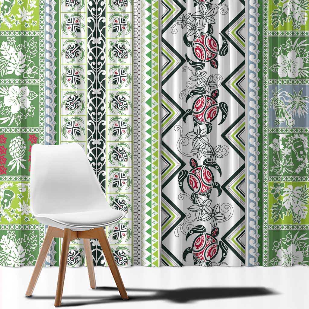 Hawaii Makahiki Turtle Window Curtain Green Tapa Pattern - Polynesian Pride