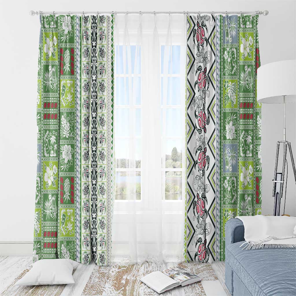 Hawaii Makahiki Turtle Window Curtain Green Tapa Pattern - Polynesian Pride