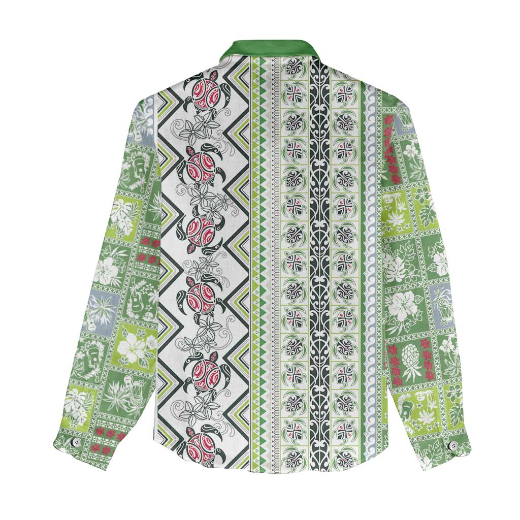 Hawaii Makahiki Turtle Women Casual Shirt Green Tapa Pattern - Polynesian Pride