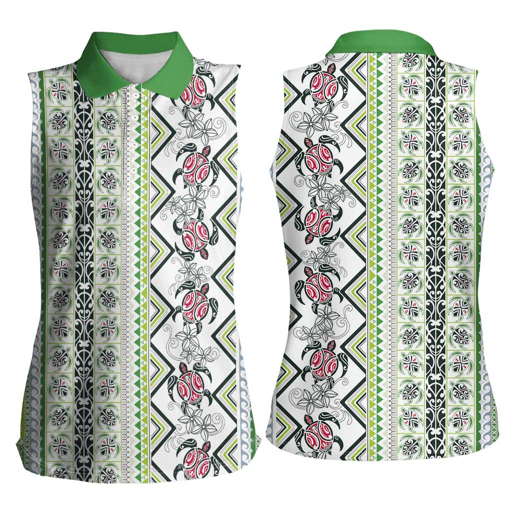 Hawaii Makahiki Turtle Women Sleeveless Polo Shirt Green Tapa Pattern - Polynesian Pride