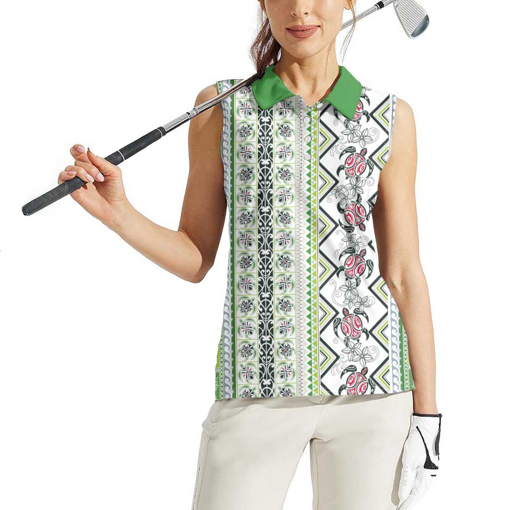 Hawaii Makahiki Turtle Women Sleeveless Polo Shirt Green Tapa Pattern - Polynesian Pride