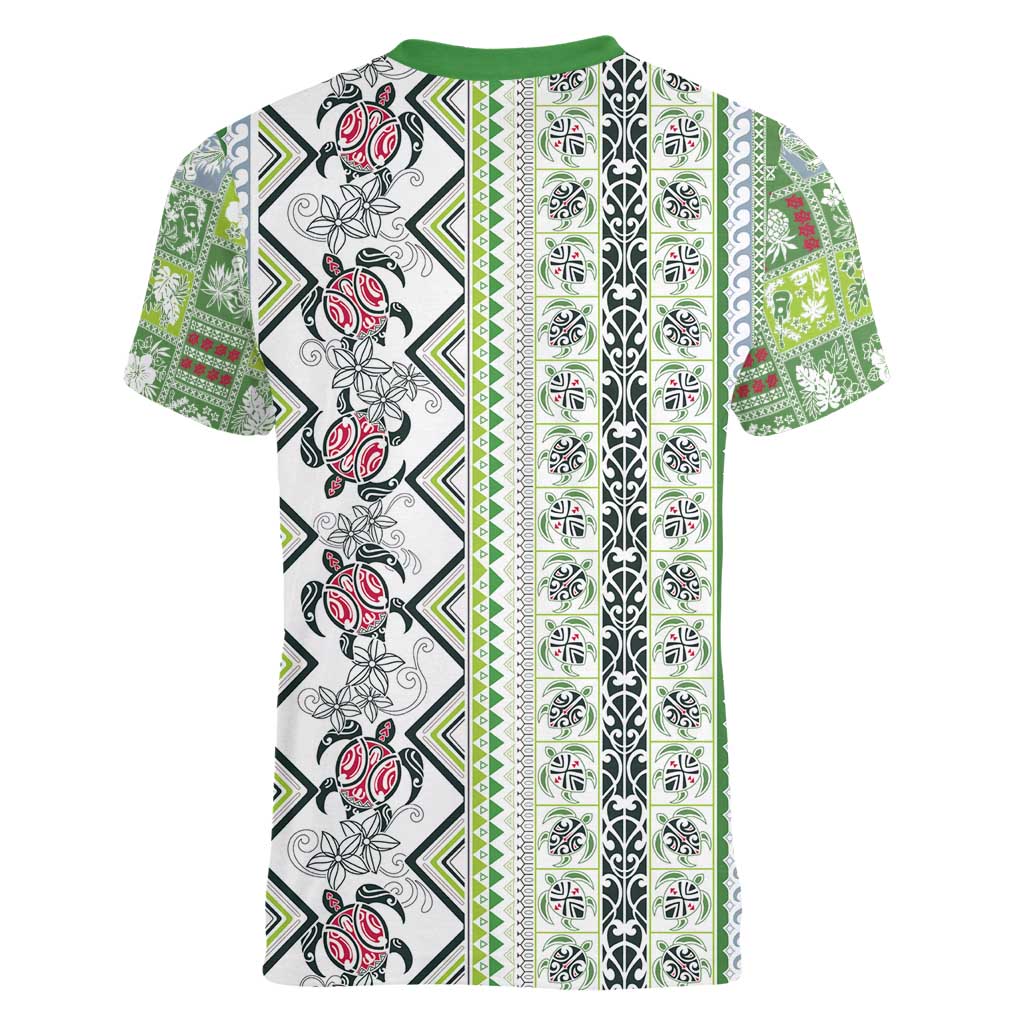 Hawaii Makahiki Turtle Women V-Neck T-Shirt Green Tapa Pattern - Polynesian Pride