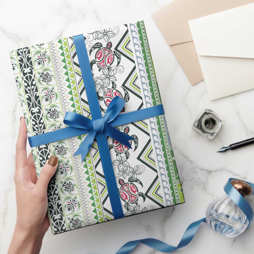 Hawaii Makahiki Turtle Wrapping Paper Green Tapa Pattern - Polynesian Pride