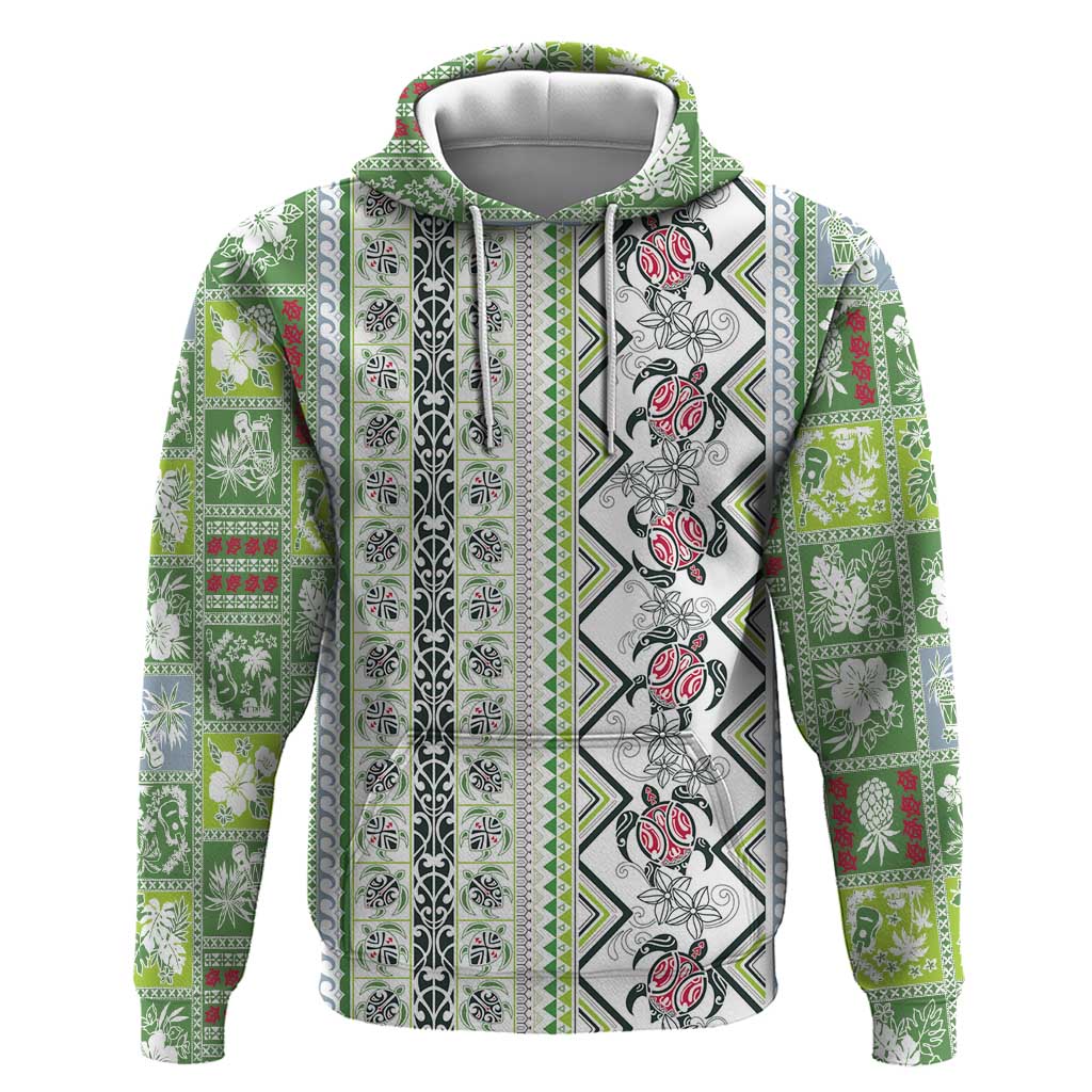 Hawaii Makahiki Turtle Zip Hoodie Green Tapa Pattern - Polynesian Pride